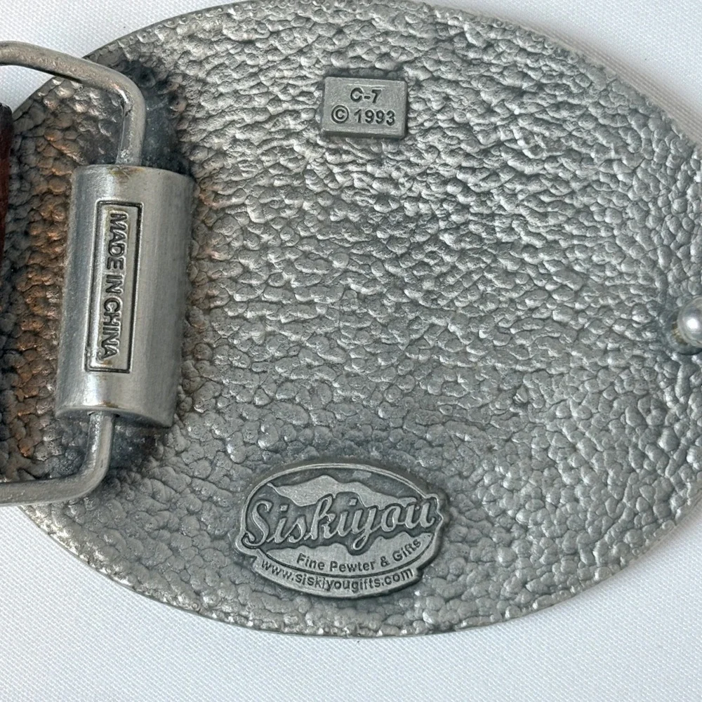 Vtg 1993 Siskiyou Pewter Black Bear Buckle Basketweave Brown Leather Belt 38